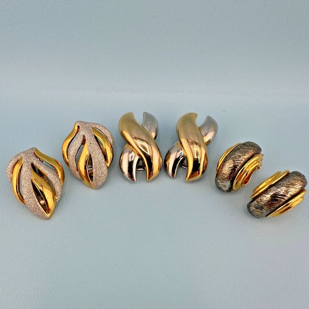 Vintage Clip On Earrings Lot Gold Silver Two Tone Huggie X Shape Leaf Climber